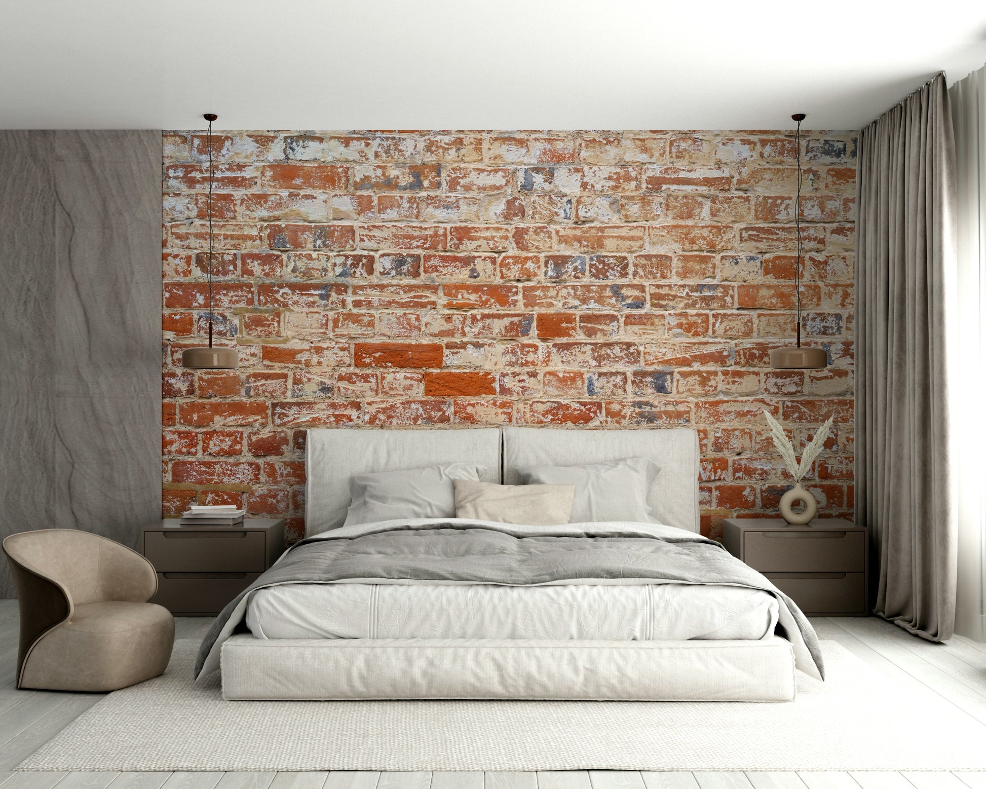 Rustic brick wall mural in warm, faded tones

