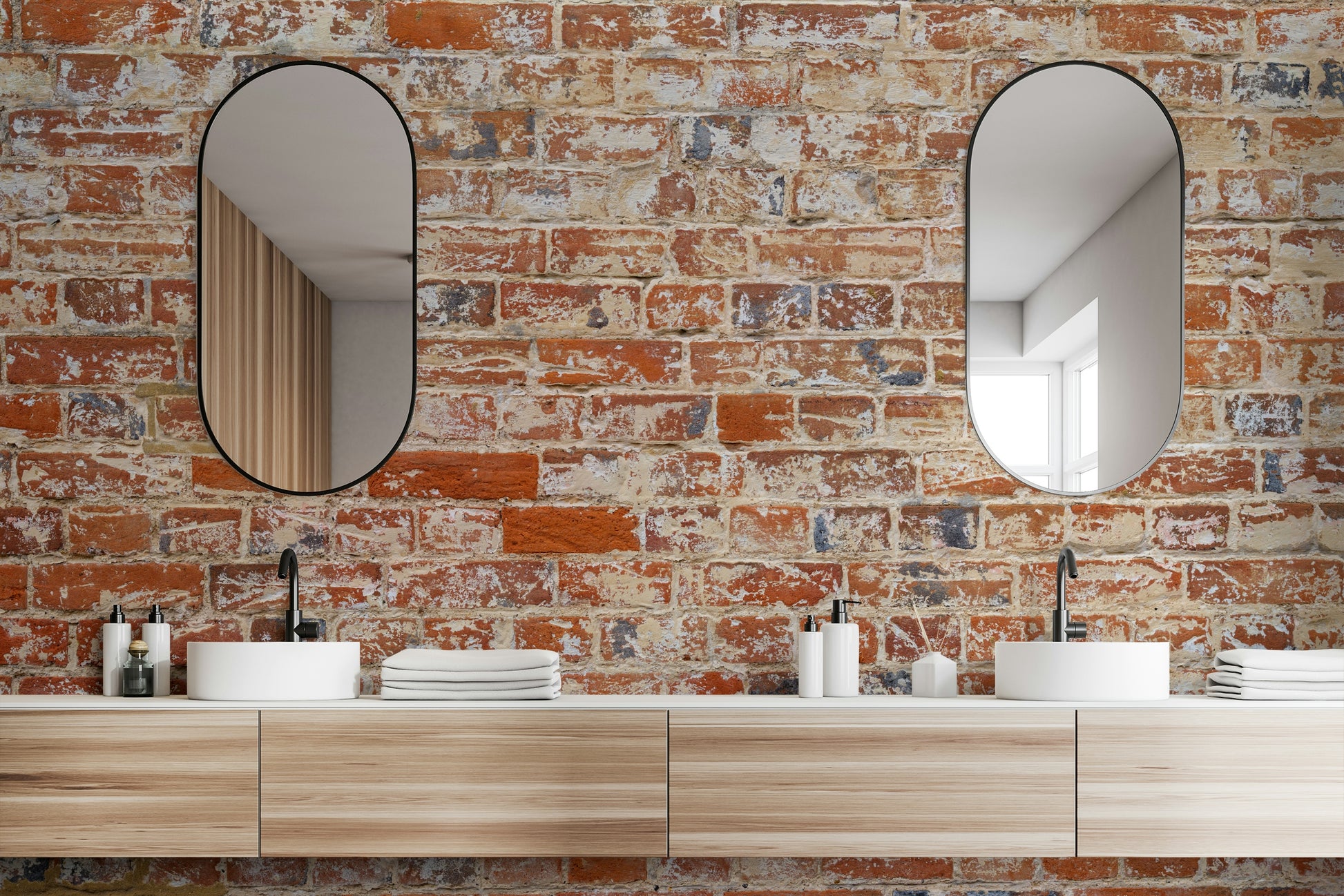 Weathered brick mural wallpaper with rustic texture

