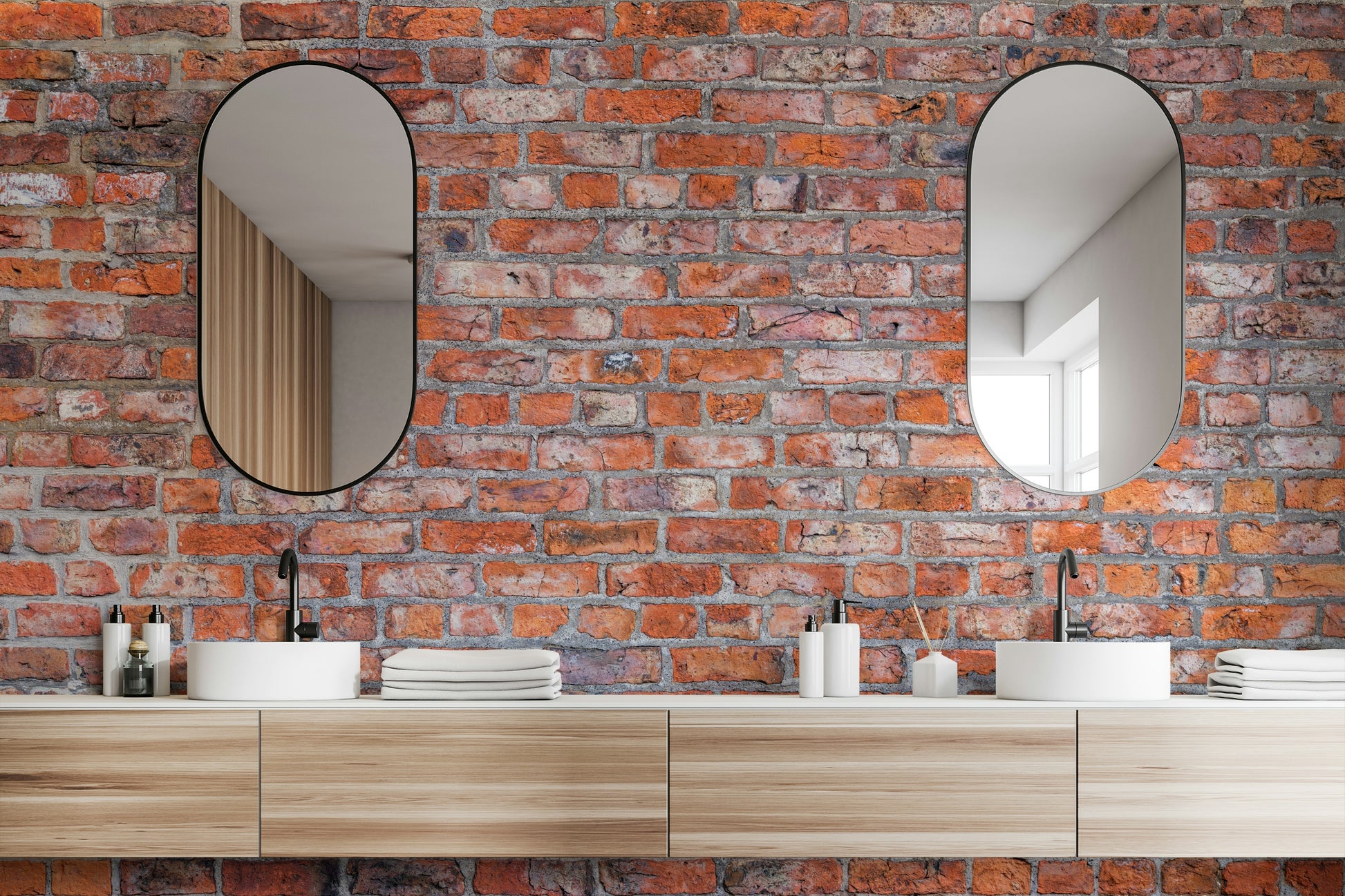 Warm-toned brick wall mural for cozy room interiors

