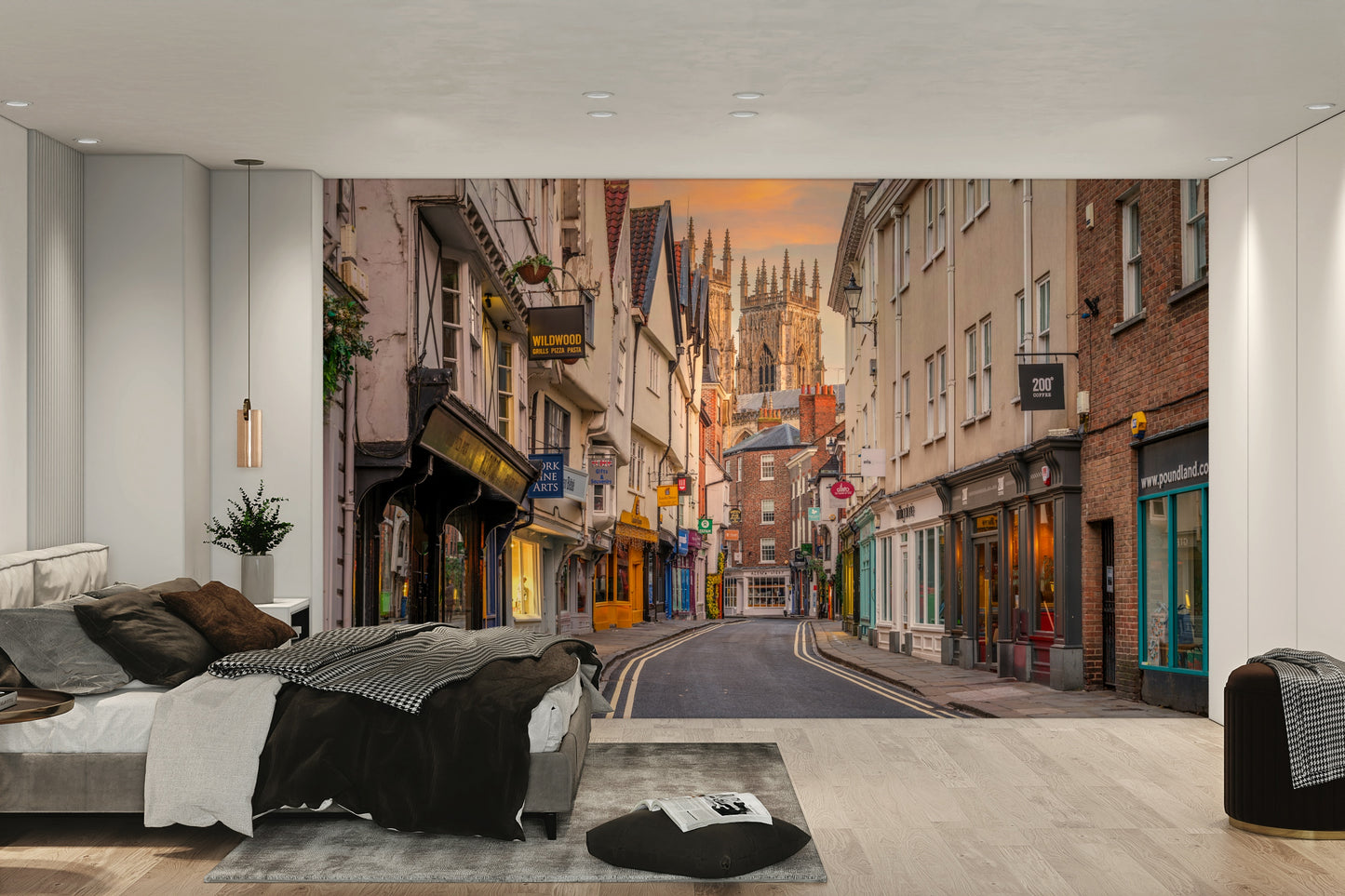 Scenic historic town at twilight captured in wall mural design

