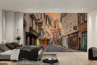 Scenic historic town at twilight captured in wall mural design

