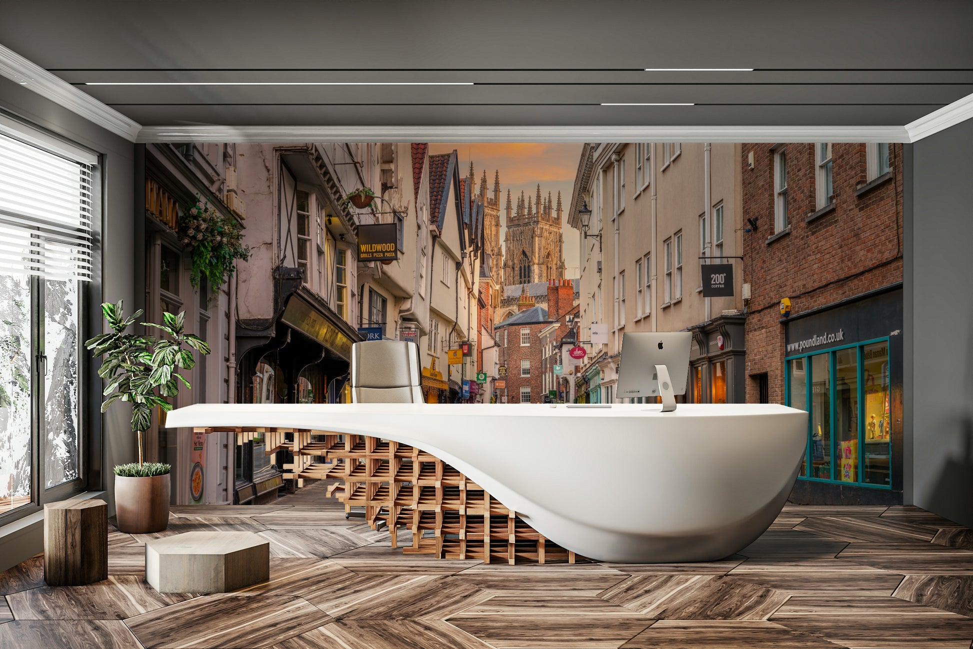 Serene cityscape mural with historical buildings at dusk

