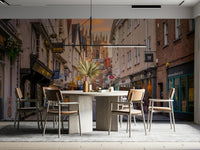 Detailed townscape mural featuring twilight and architecture

