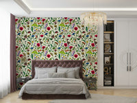 Elegant wallpaper with intricate wildflower and moth patterns

