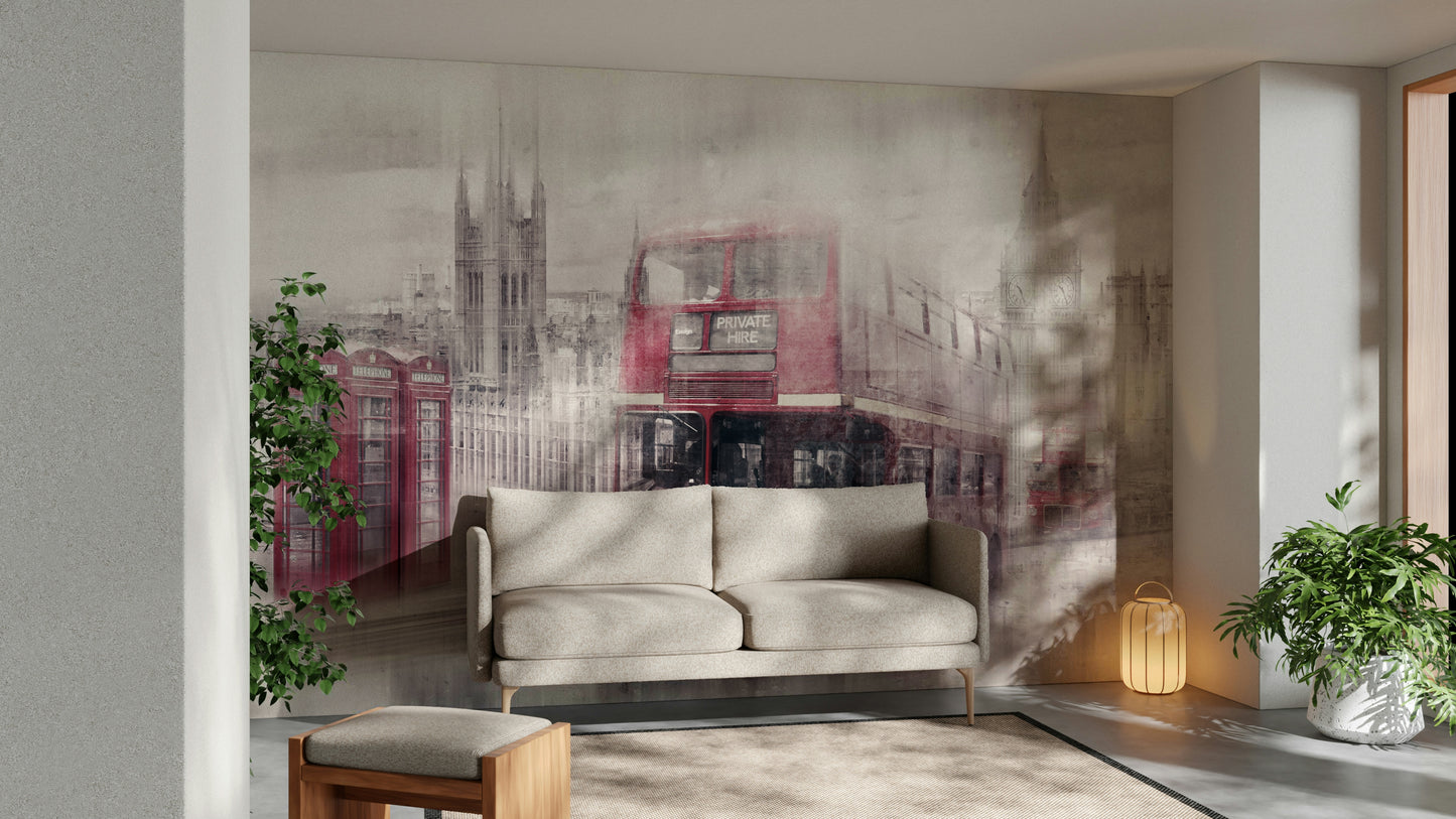Collage design of Westminster Abbey and London skyline mural


