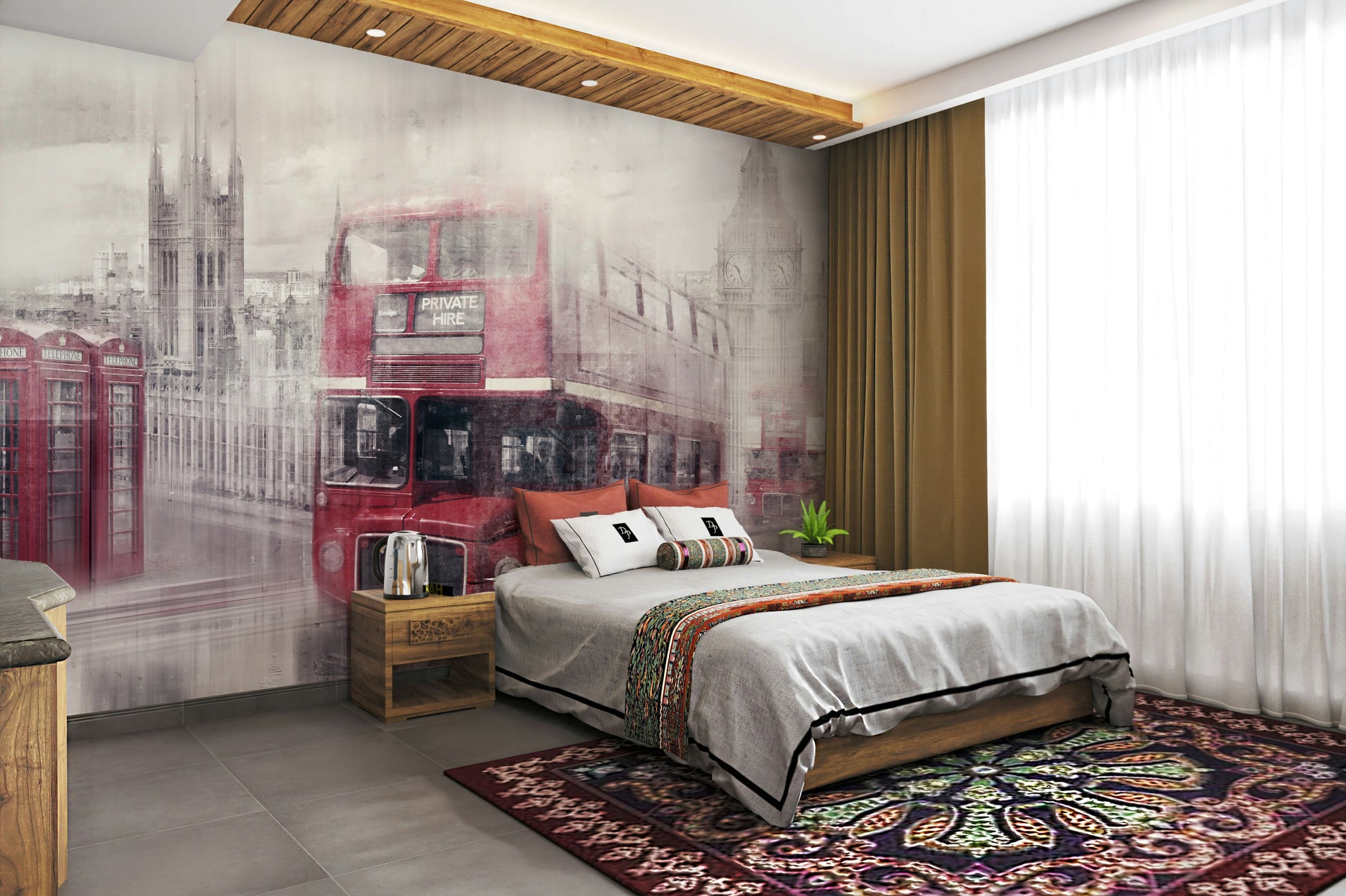 Modern collage mural of London’s Westminster landmarks

