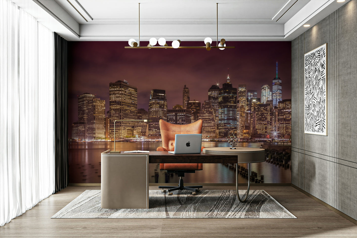 Vibrant New York City skyline mural with illuminated buildings

