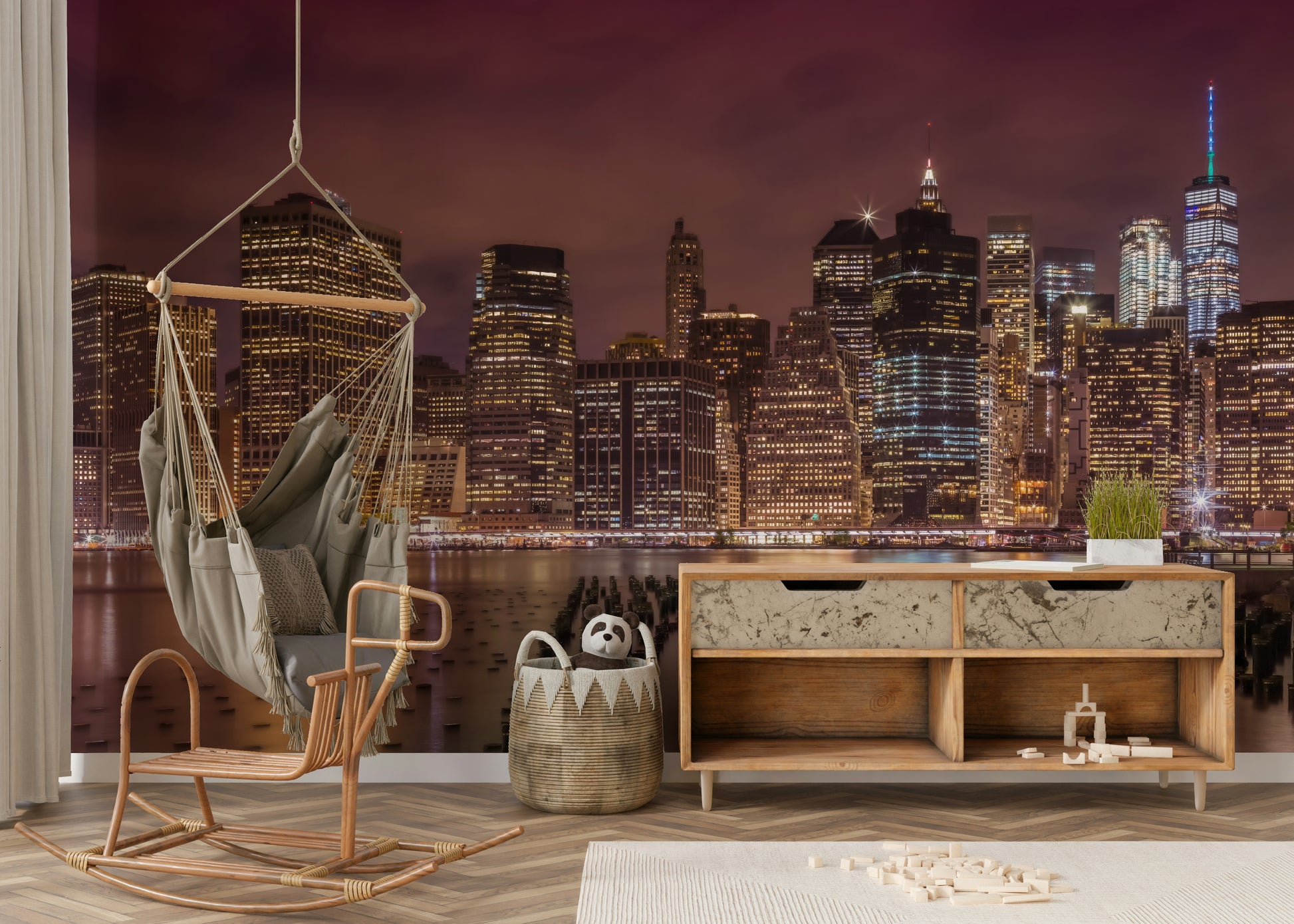 Illuminated New York City skyline mural for home decor

