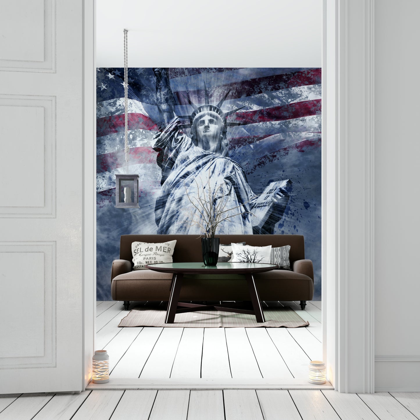 Modern art mural with Statue of Liberty in vibrant blue

