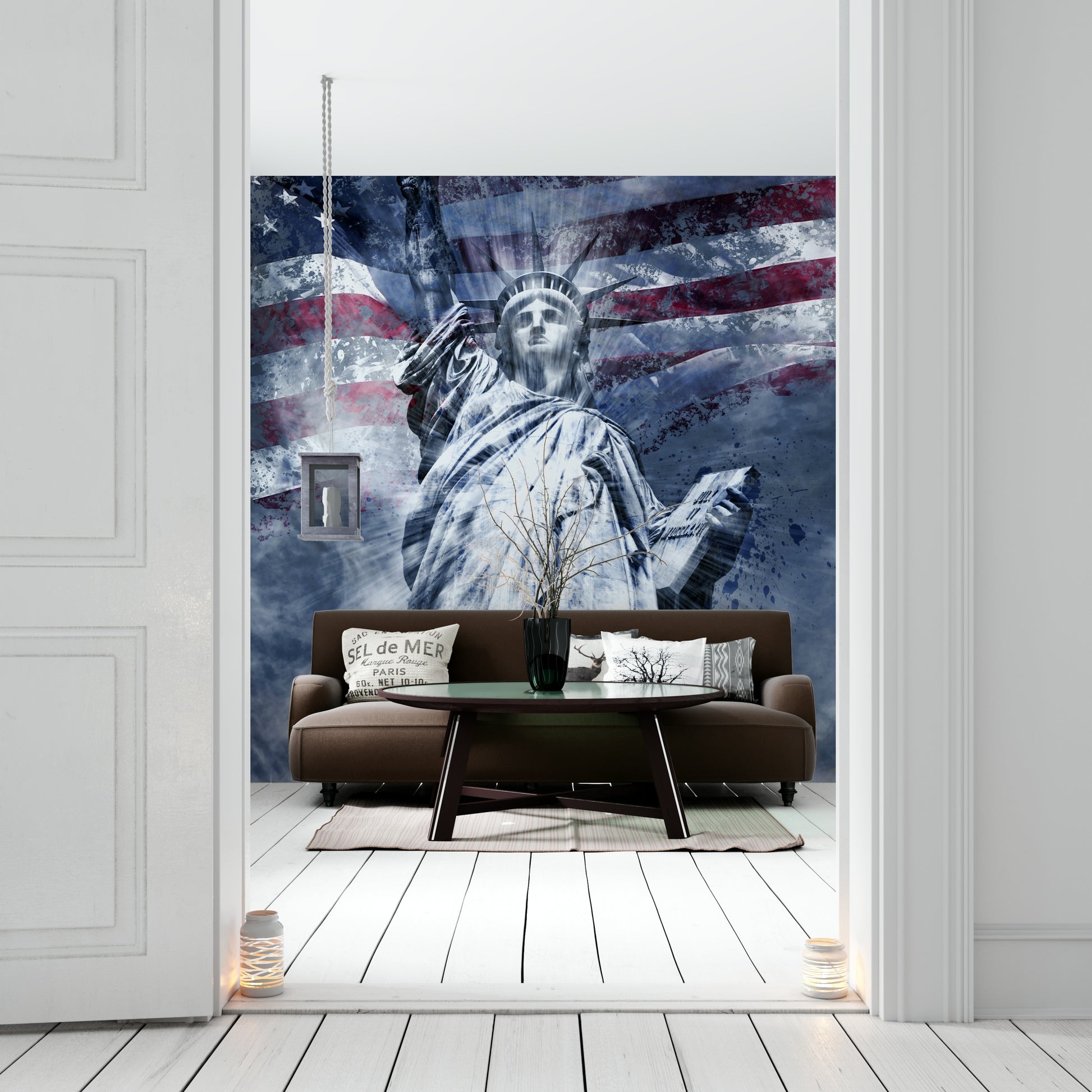 Modern art mural with Statue of Liberty in vibrant blue

