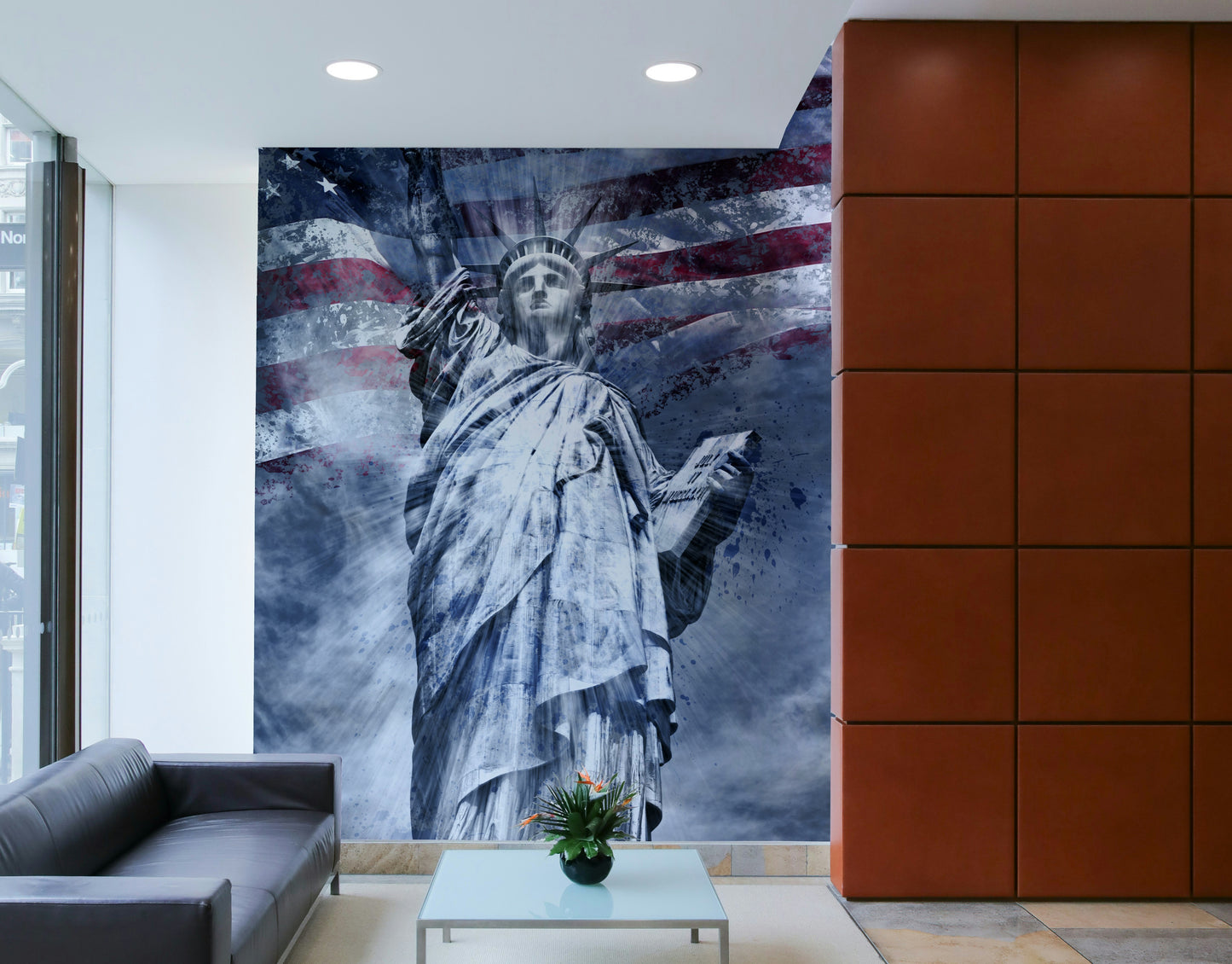 Iconic Statue of Liberty reimagined in blue modern art mural

