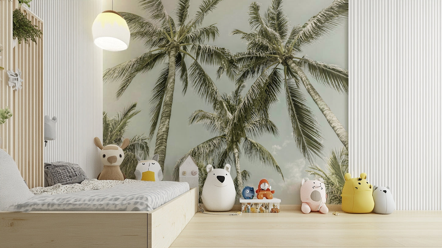 Vintage beach scene with swaying palm trees on wall mural

