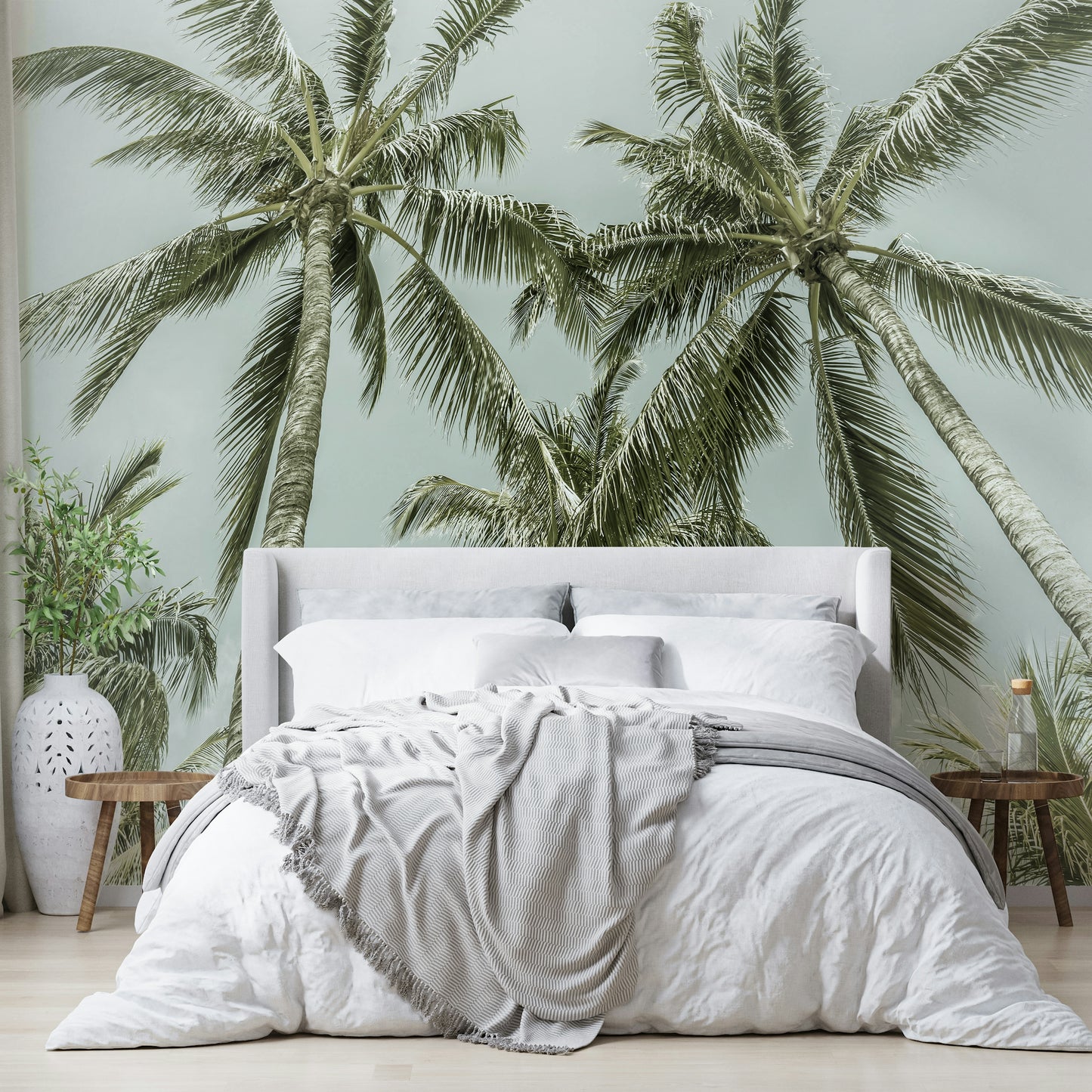 Softly swaying palm trees on a vintage-inspired mural

