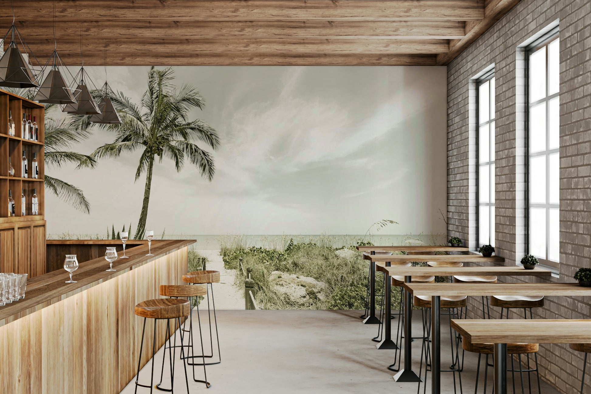 Soft vintage beach scene mural with serene tones

