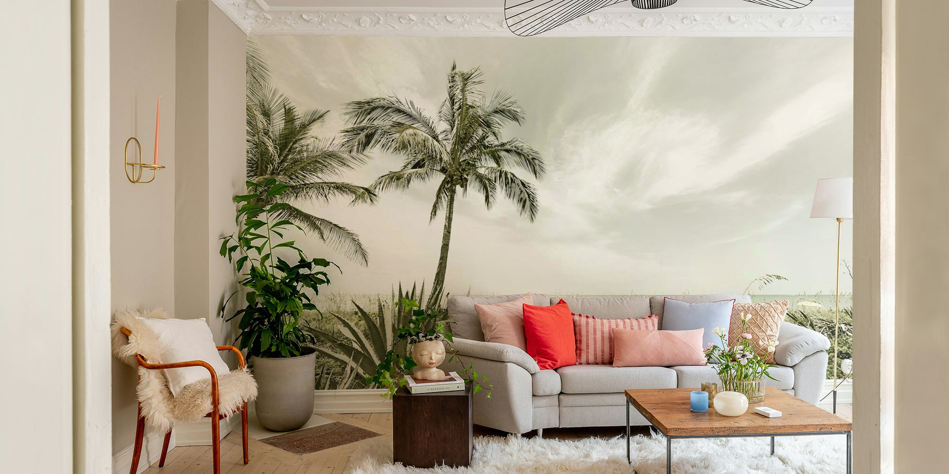 Peaceful vintage beach mural with soft, nostalgic colors

