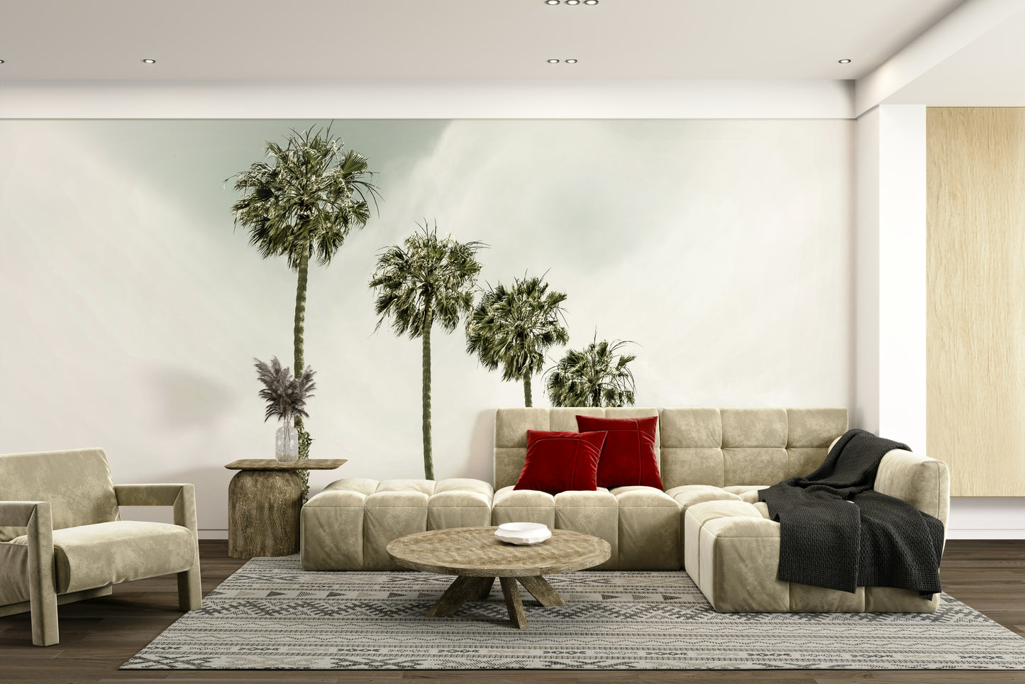 Faded beach scene with palm trees in vintage wall mural

