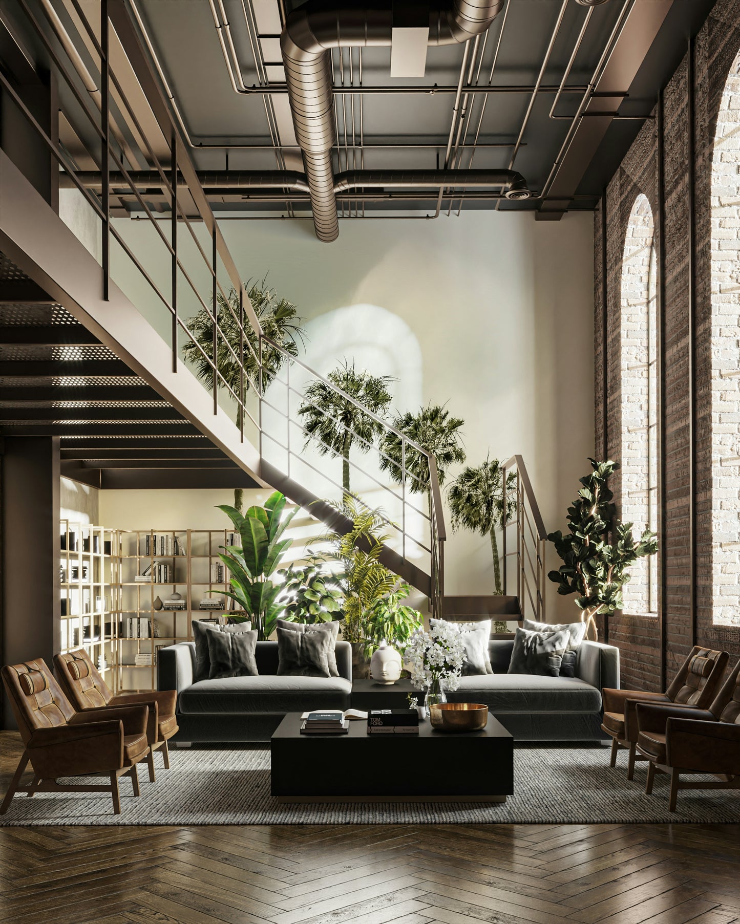 Vintage coastal mural with palm trees by the ocean

