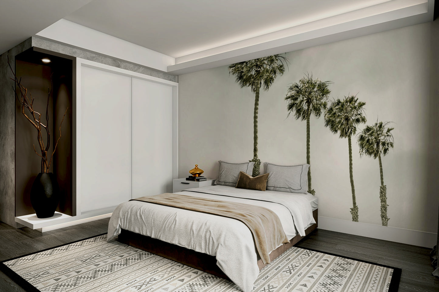 Soft sunset and palm trees in vintage wall mural design

