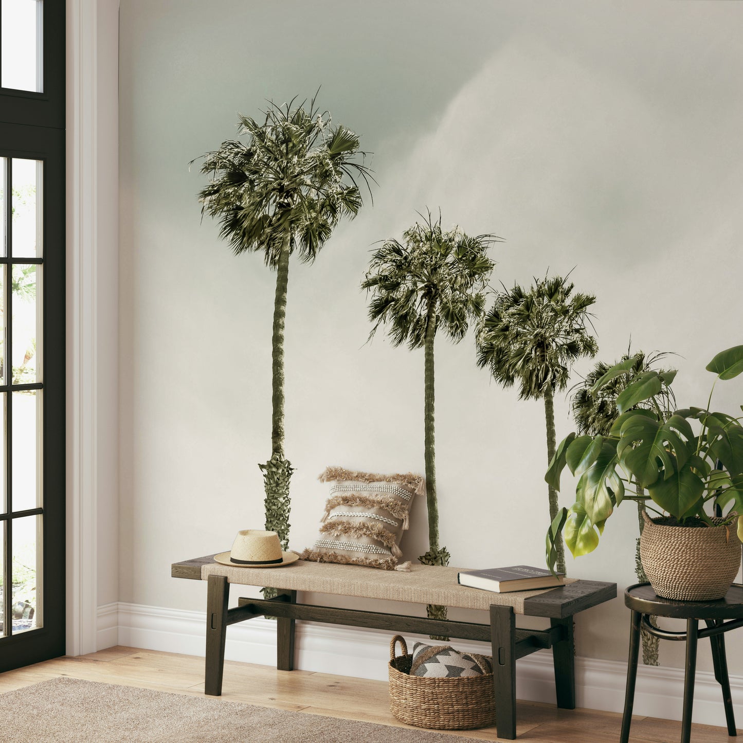  Coastal vintage mural featuring swaying palm trees

