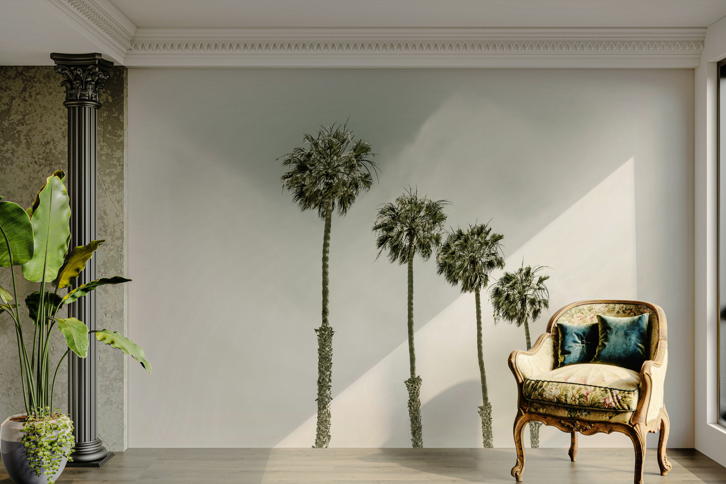 Peaceful palm tree mural with a vintage beach backdrop

