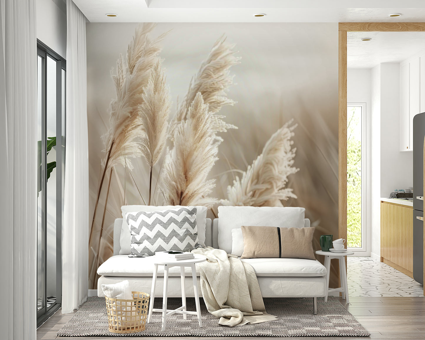 Peaceful pampas grass swaying by the sea mural for homes

