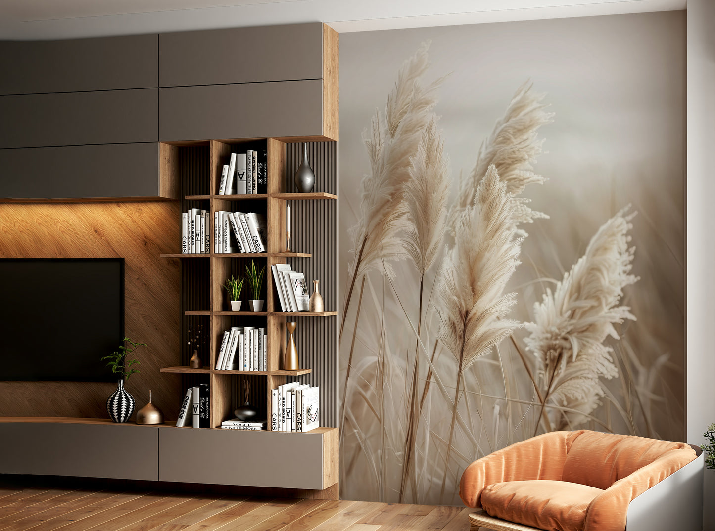 Serene coastal mural with pampas grass and ocean view

