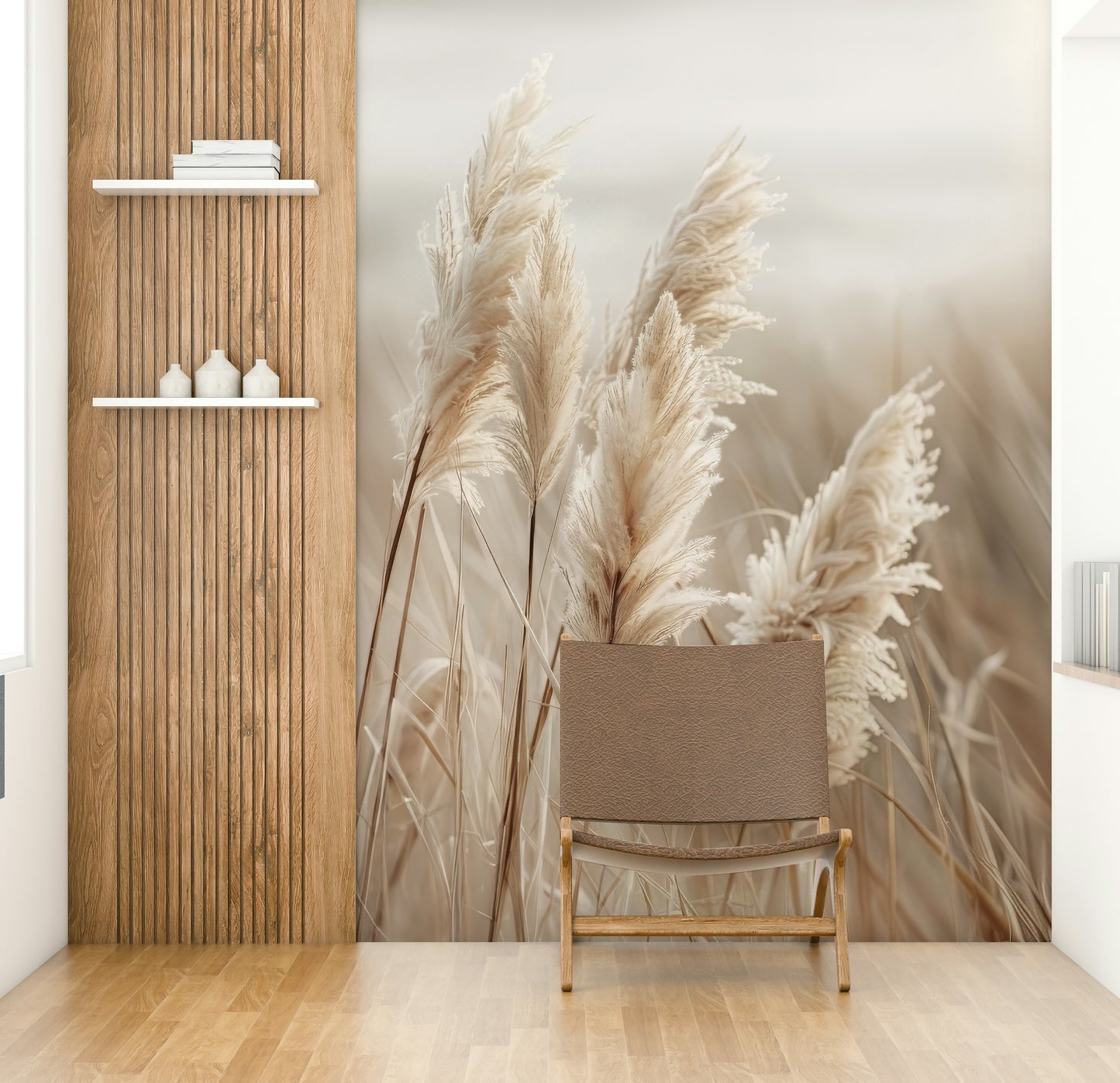 Pampas grass in soft light with ocean backdrop on mural

