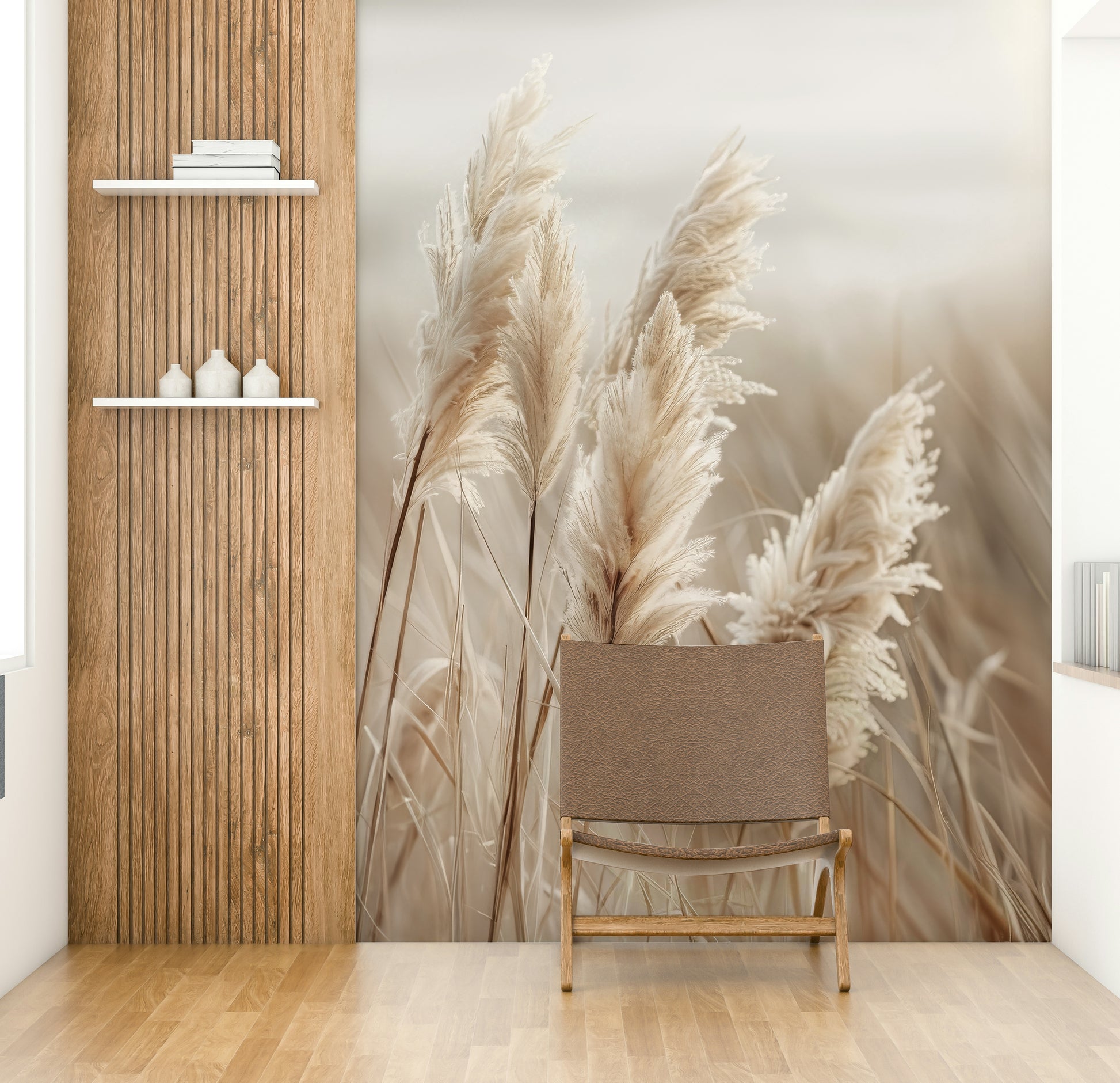 Pampas grass in soft light with ocean backdrop on mural

