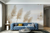 Tranquil coastal mural with pampas grass and warm tones

