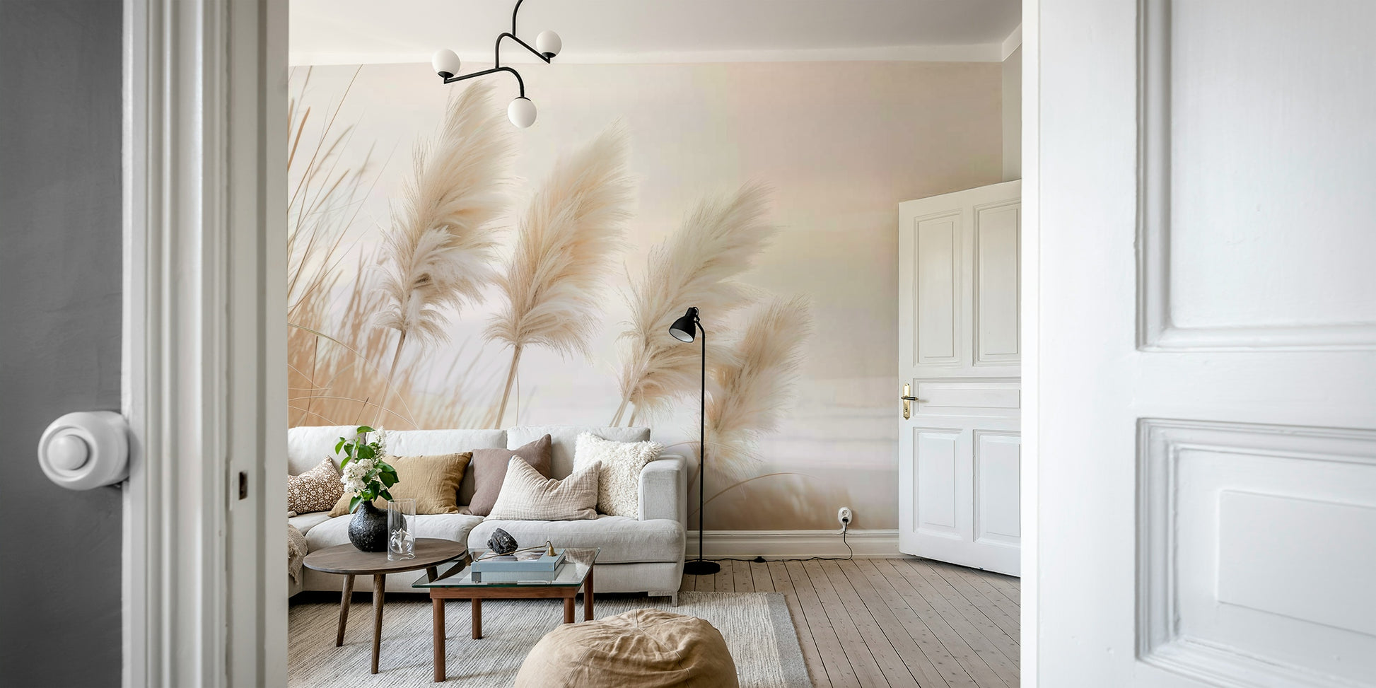 Peaceful coastal scene with pampas grass in soft light

