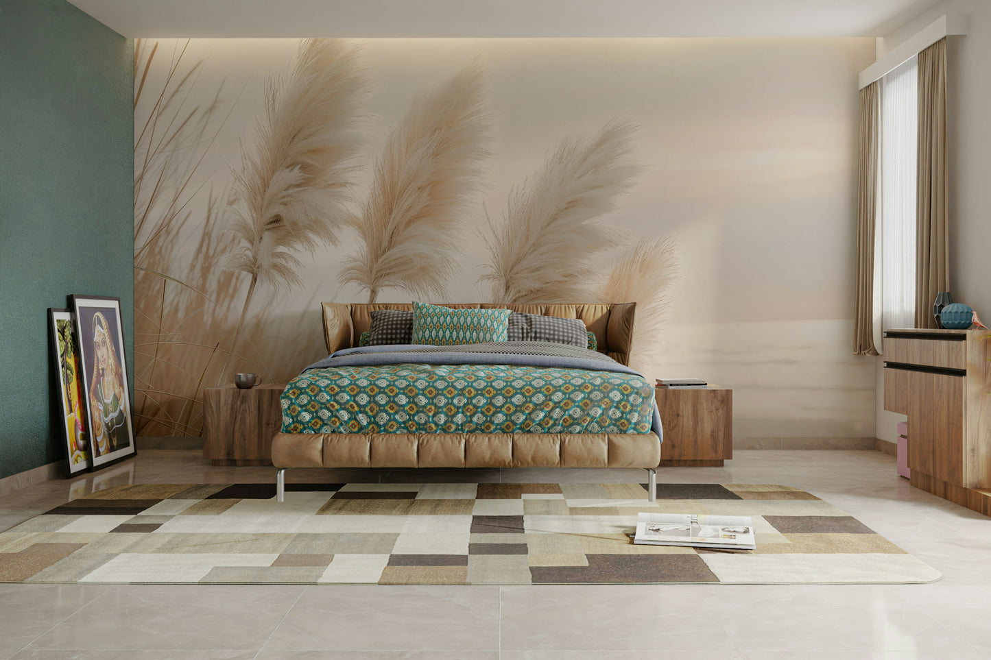 Coastal pampas grass mural with warm evening light

