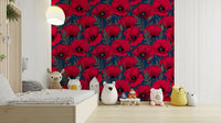 Bold red poppies on dark blue creating a striking look

