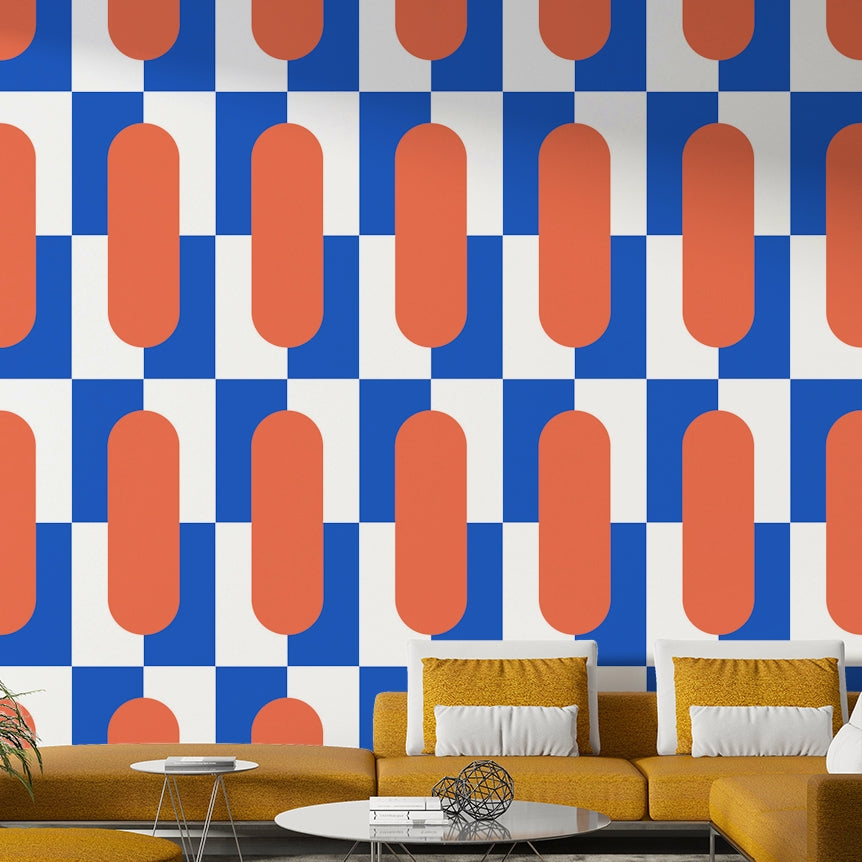 Mid-century style wallpaper with vibrant color palette


