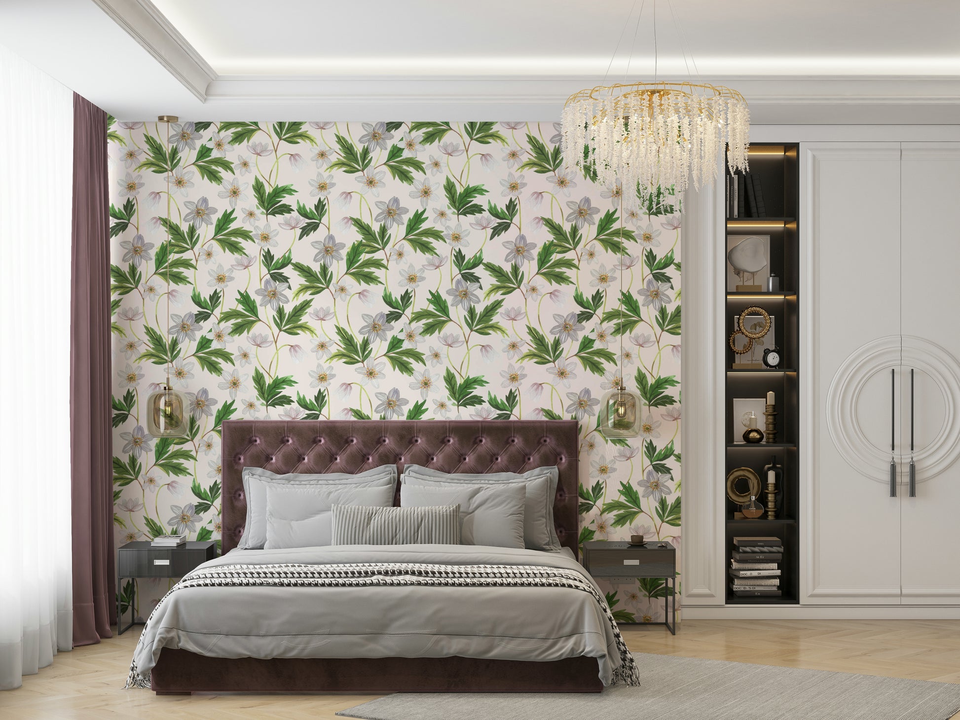 Floral wallpaper with Wood Anemone on white background

