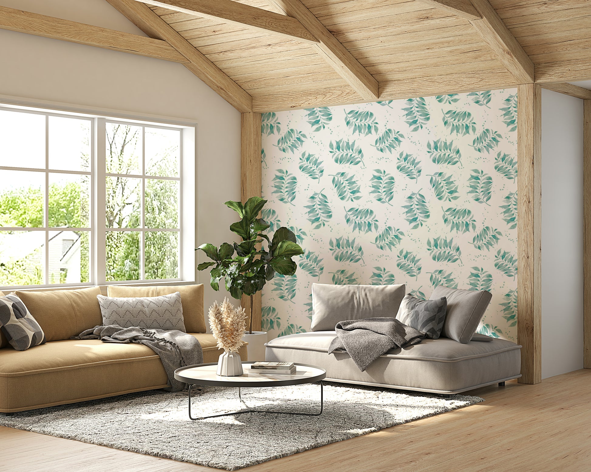 Watercolor-style tropical wallpaper in light blue-green

