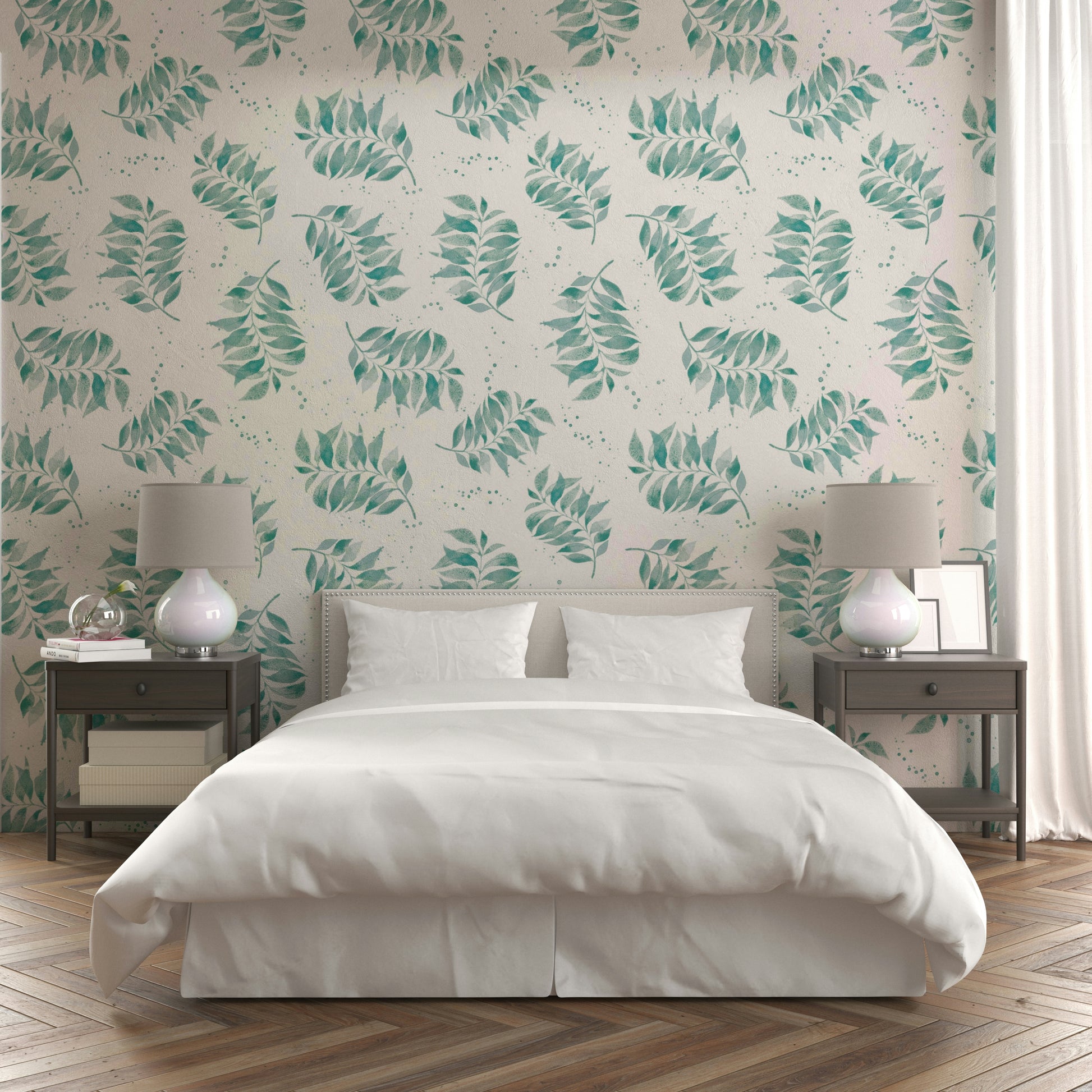 Hand-drawn palm leaves in calming aqua wallpaper

