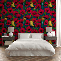 Bee-eater birds and red poppies on navy backdrop

