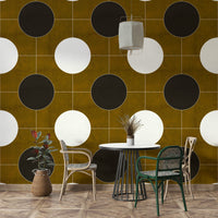 Japandi-style room with geometric wall mural

