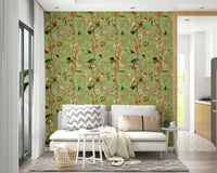 Lush green wall mural with forest animals

