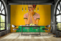 Elegant mural of woman at rest in warm hues

