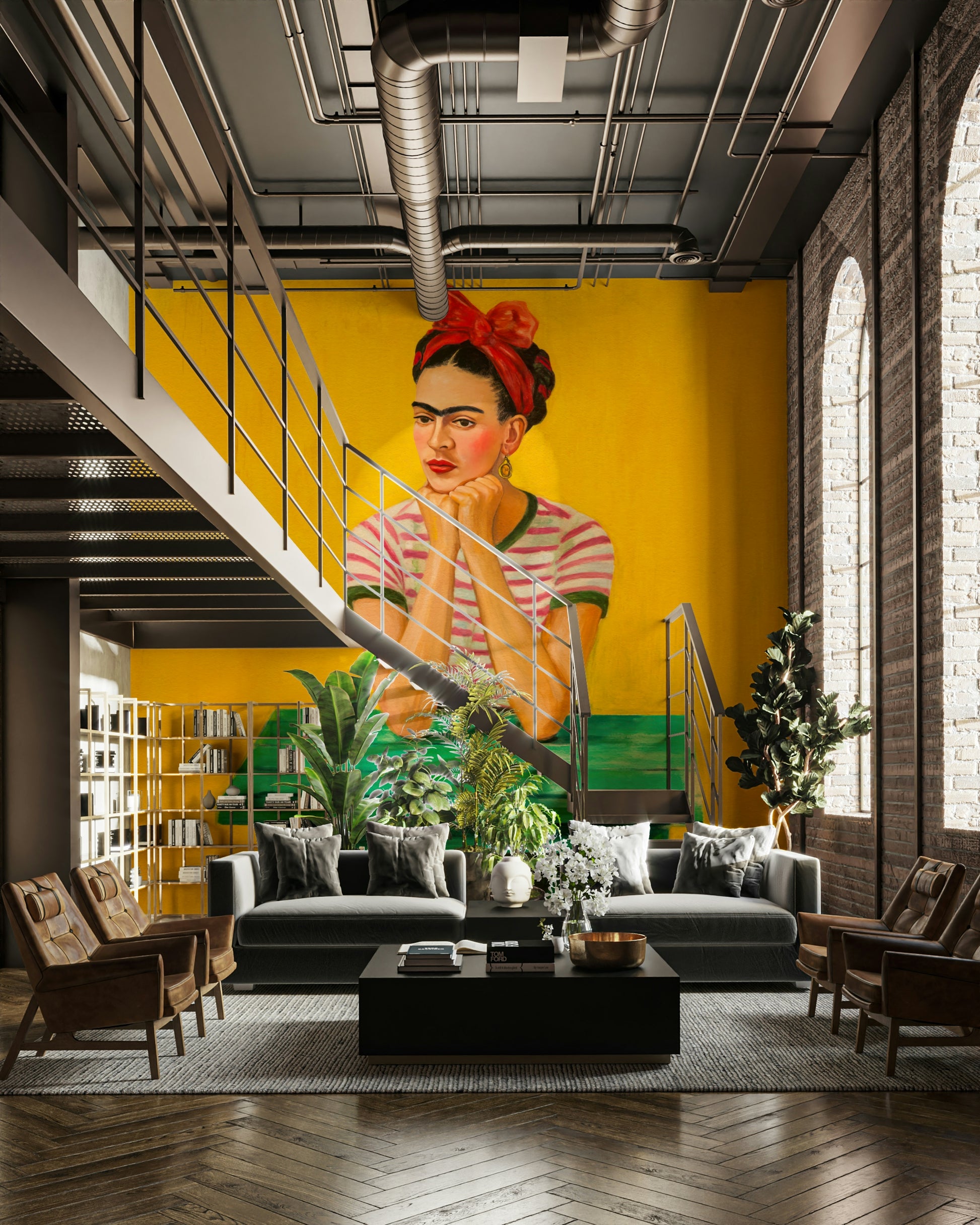 Portrait-style mural with moody, sunlit ambiance

