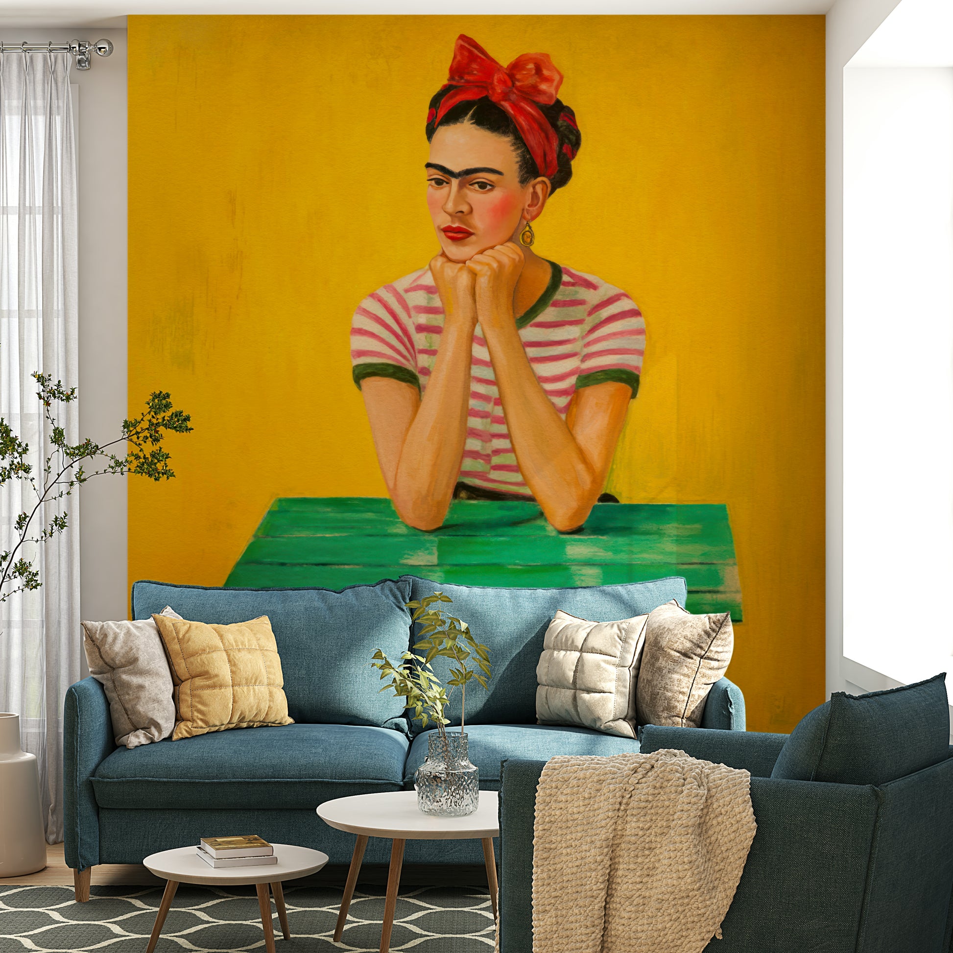 Interior wall mural featuring reflective female figure

