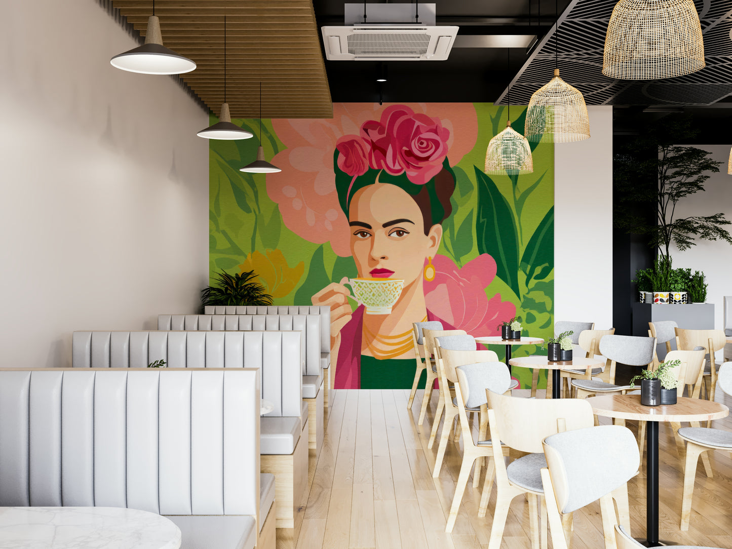 Vibrant mural of woman surrounded by tropical flora

