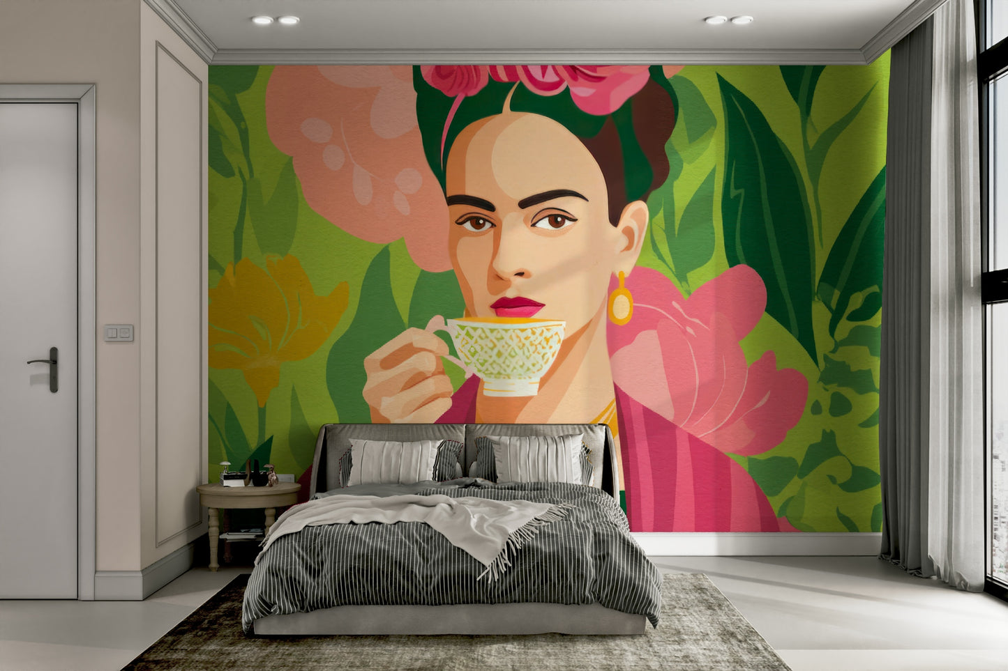 Colorful wall mural with tropical Mexican influence

