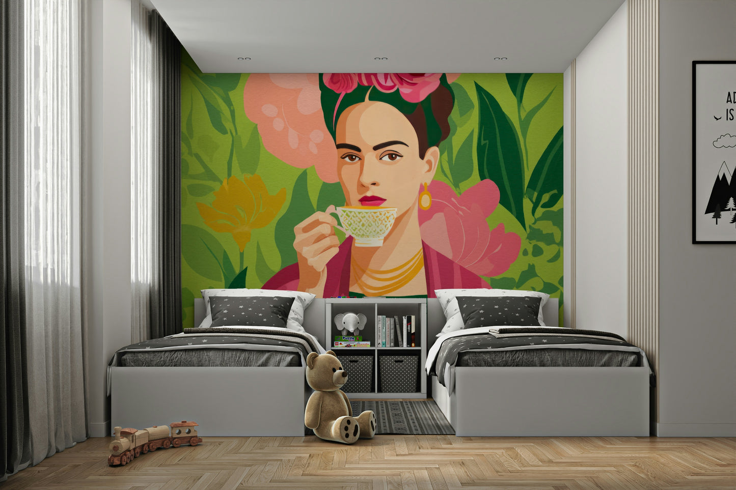 Artistic mural of woman in exotic floral surroundings

