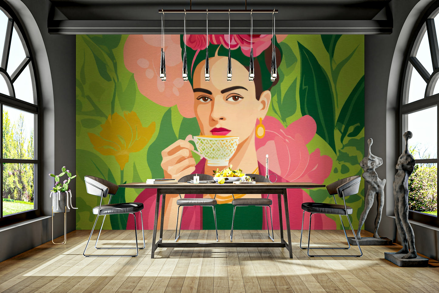 Lush botanical mural with expressive female figure

