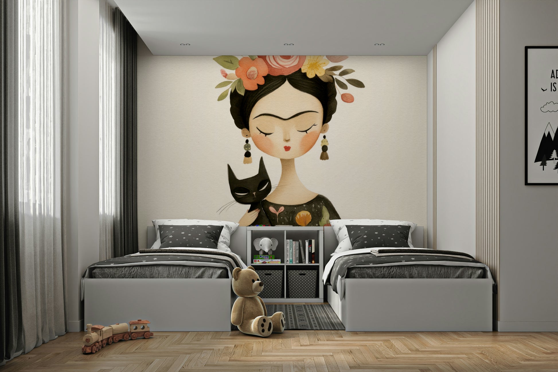 Midnight-inspired mural with floral crown silhouette

