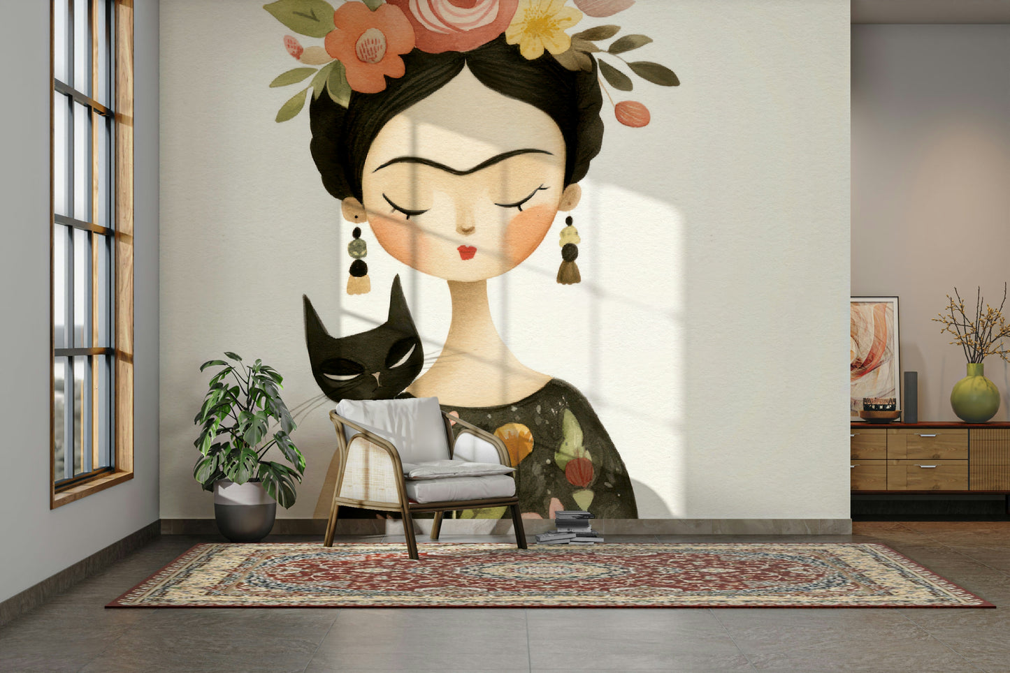 Elegant female figure with florals in dreamy mural

