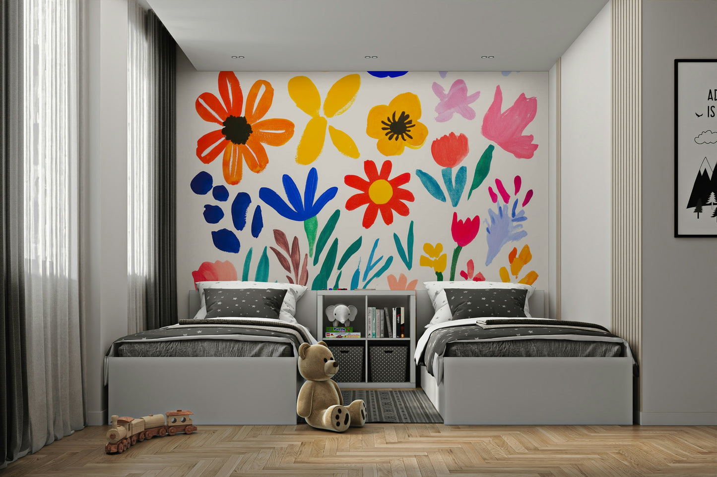 Colorful mural with expressive floral impressions

