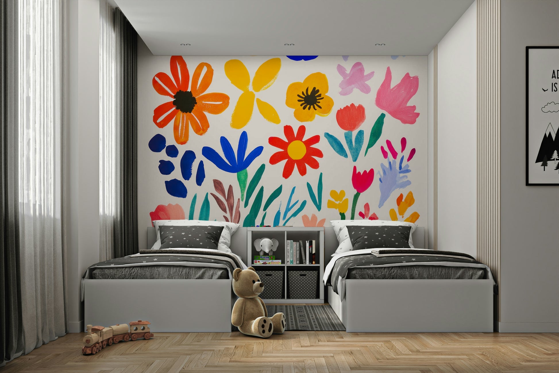 Colorful mural with expressive floral impressions

